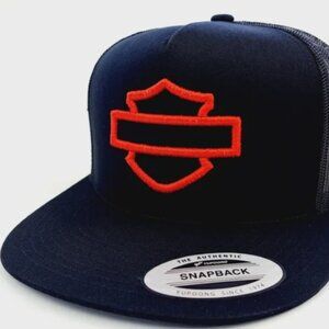 Biker Retro Cap Hat Harley-Davidson Black and Red Bar Shield Custom Flat Bill